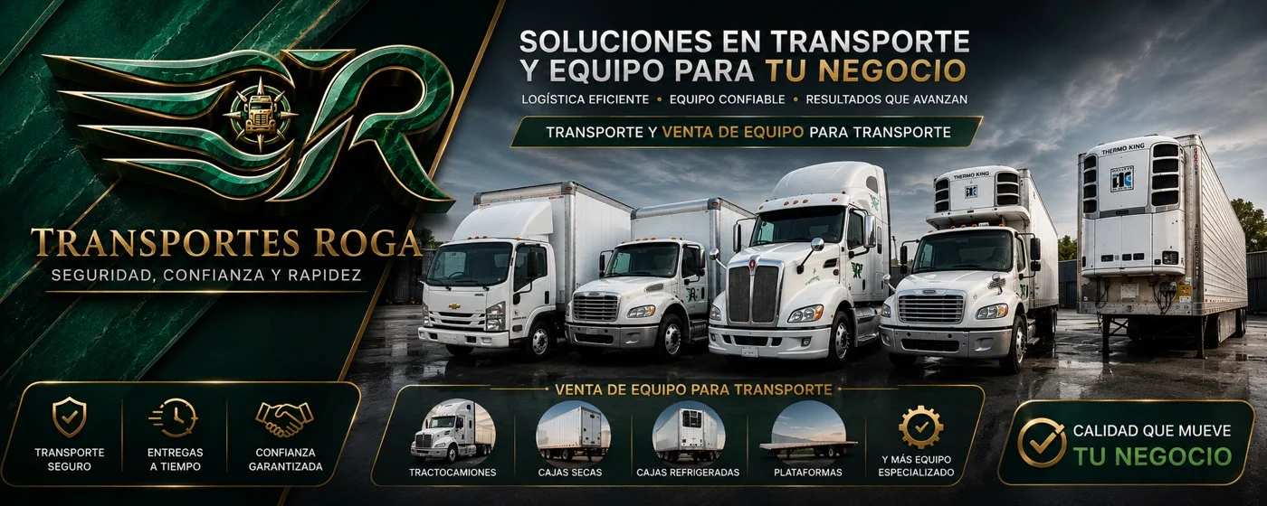 Transportes ROGA: soluciones en transporte y equipo para tu negocio. Flotilla de rabones, tractocamión y cajas refrigeradas Thermo King. Venta de tractocamiones, cajas secas, cajas refrigeradas, plataformas y equipo especializado.
